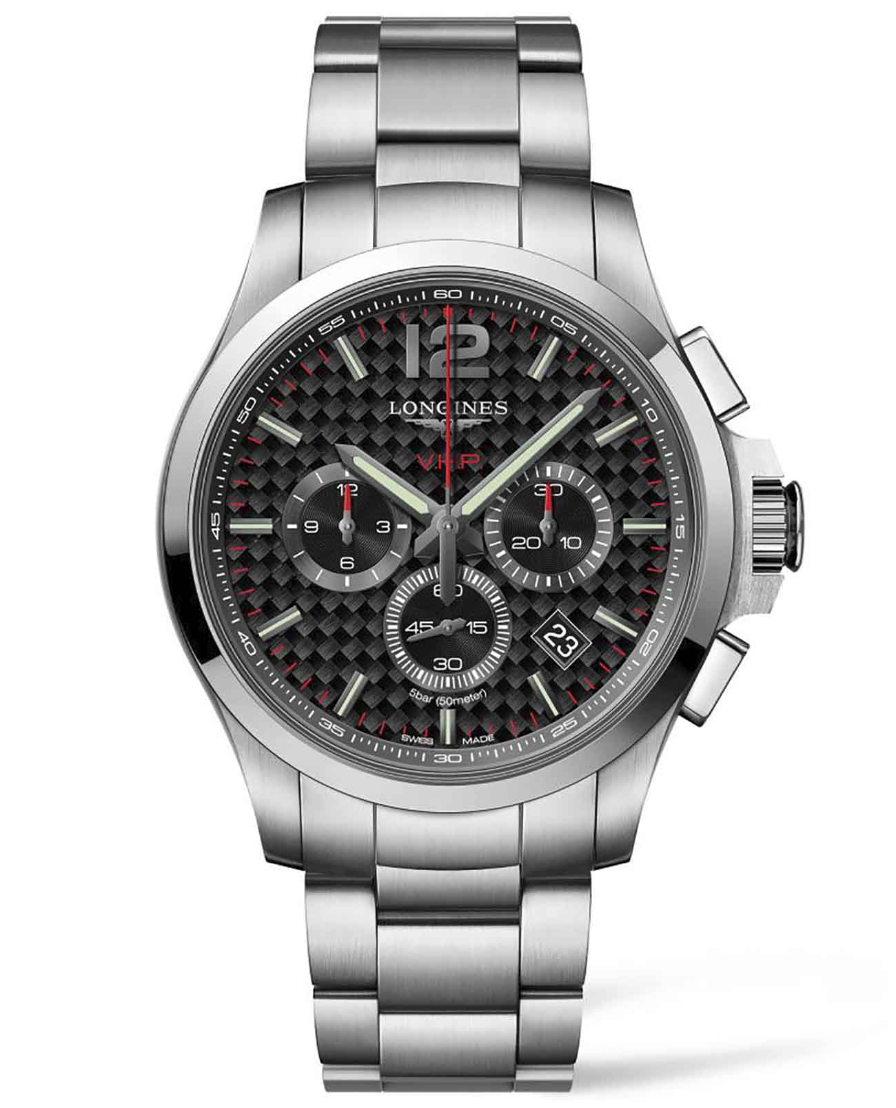 Longines Longines Conquest V.H.P. L3.727.4.66.6  L37274666 кварцевые мужские часы черный циферблат, браслет нержавеющая сталь — вид спереди